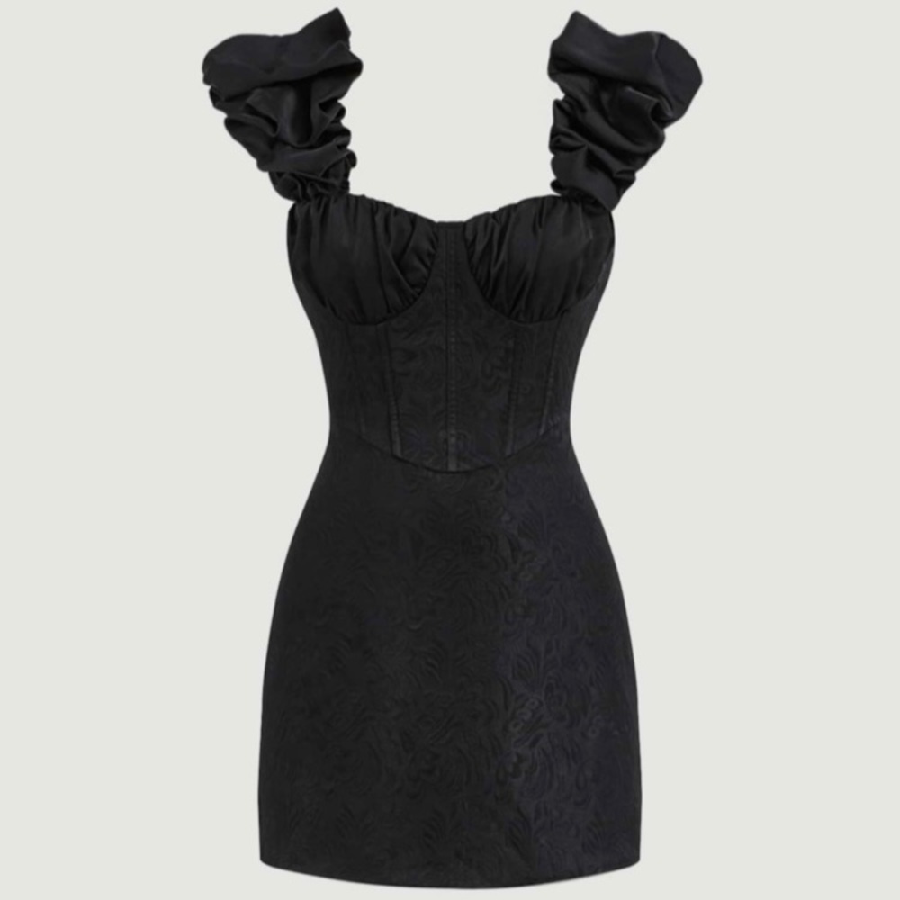 SHEIN Mod Ruffle Trim Ruched Bust Dress - Black